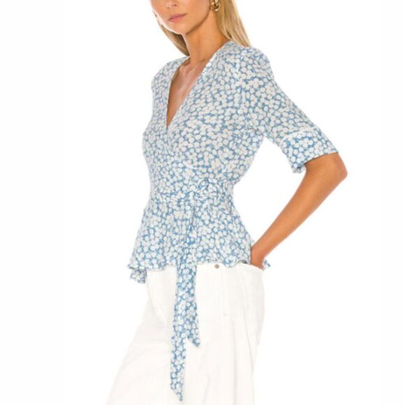 Faithfull The Brand, Women’s Wrap Top, “Zalia” Floral in 'Riviera Blue' - Small - Picture 1 of 17